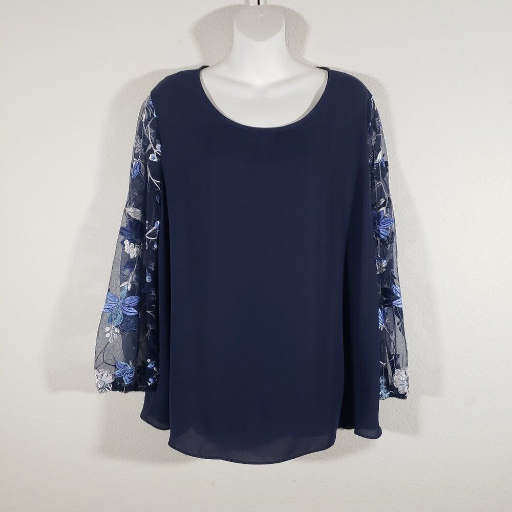 Cato Top XL Navy Blue Sheer Sleeves Floral Embroidered Fairy Office Romantic
